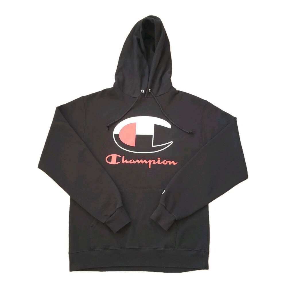 Champion Eco Classic Big C Logo Sz Medium Mens Lightweight Black Hoodie Spellout